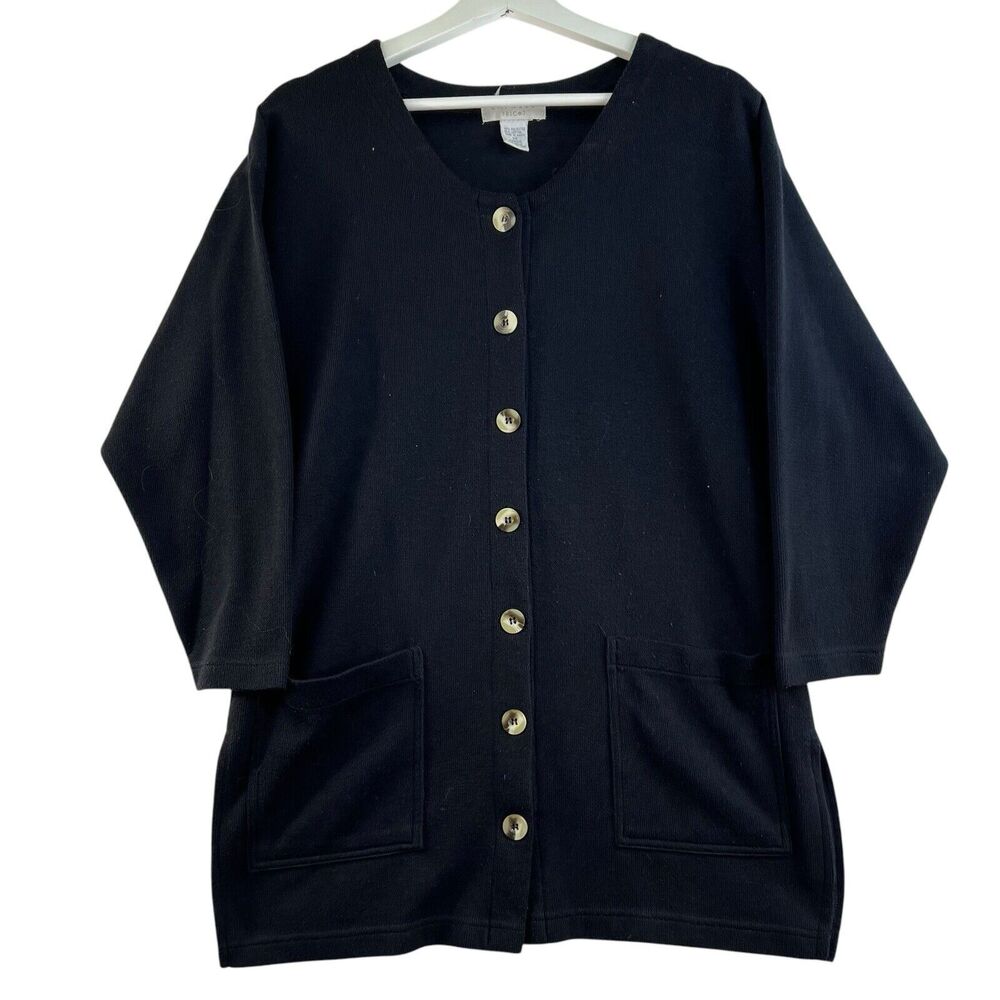 Vtg Express Tricot XS Cardigan‎ Sweater Button Up Long Relax Black Whimsigoth